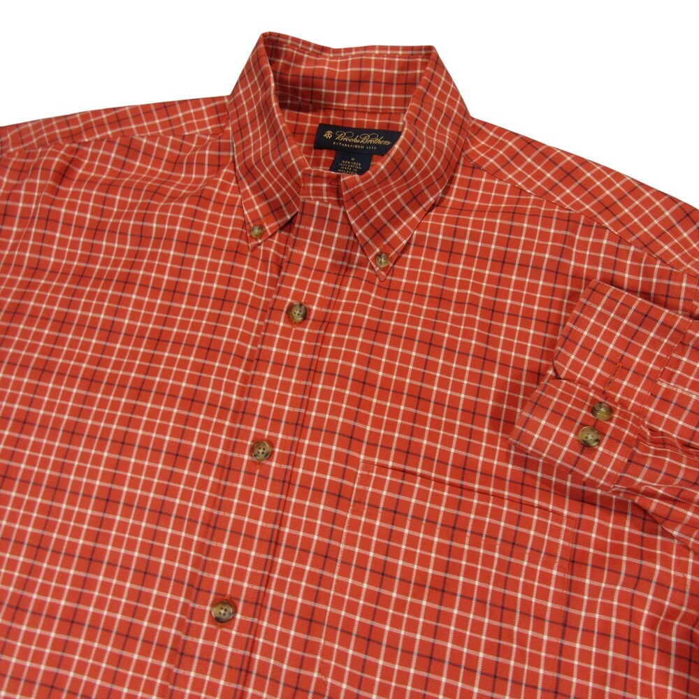 Brooks Brothers Mens Button Down Shirt M Orange Red Plaid 100% Cotton Pocket‎